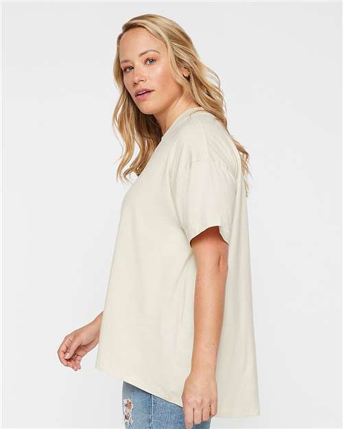 Side View of cream oversized HiLo shirt on a blonde model 
