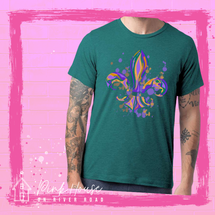 Heathered Teal tee with a Fleur de Lis made up of layered green, yellow, and purple with green, yellow and purple colored splatters.