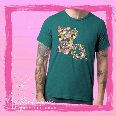Heathered green tee with a graphic of the state of Louisiana compromised of different shapes and sizes of purple, green, yellow and clear jewels.