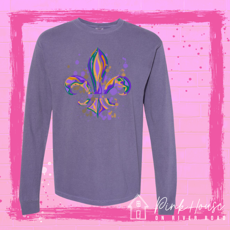 Purple Long sleeve tee with a Fleur de Lis made up of layered green, yellow, and purple with green, yellow and purple colored splatters.