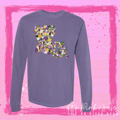Long Sleeve purple tee with a graphic of the state of Louisiana compromised of different shapes and sizes of purple, green, yellow and clear jewels.