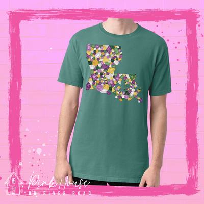 Green tee with a graphic of the state of Louisiana compromised of different shapes and sizes of purple, green, yellow and clear jewels.