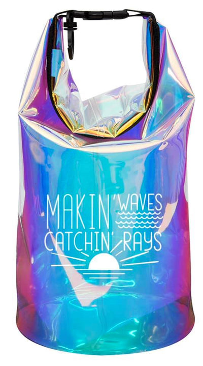 A holographic watertight bag that says Makin' waves with waves under the word waves and the words catchin' rays with a rising sun underneath