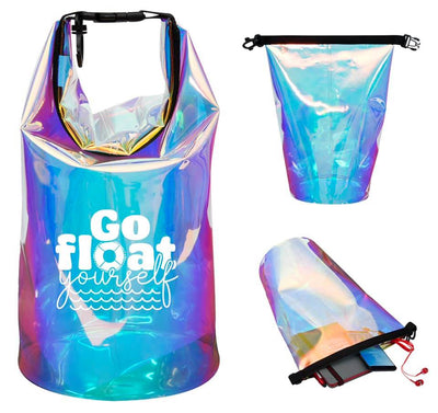 A holographic watertight bag with the words Go float yourself and the O in float is a floaty with waves under the word yourself