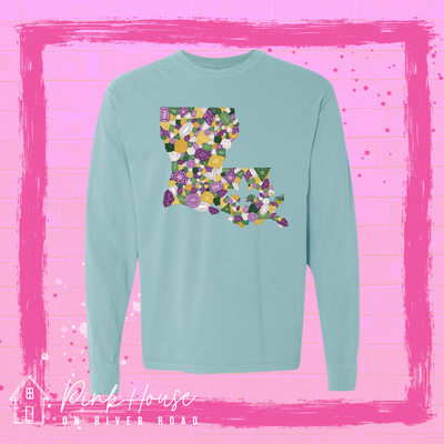 Long Sleeve green tee with a graphic of the state of Louisiana compromised of different shapes and sizes of purple, green, yellow and clear jewels.