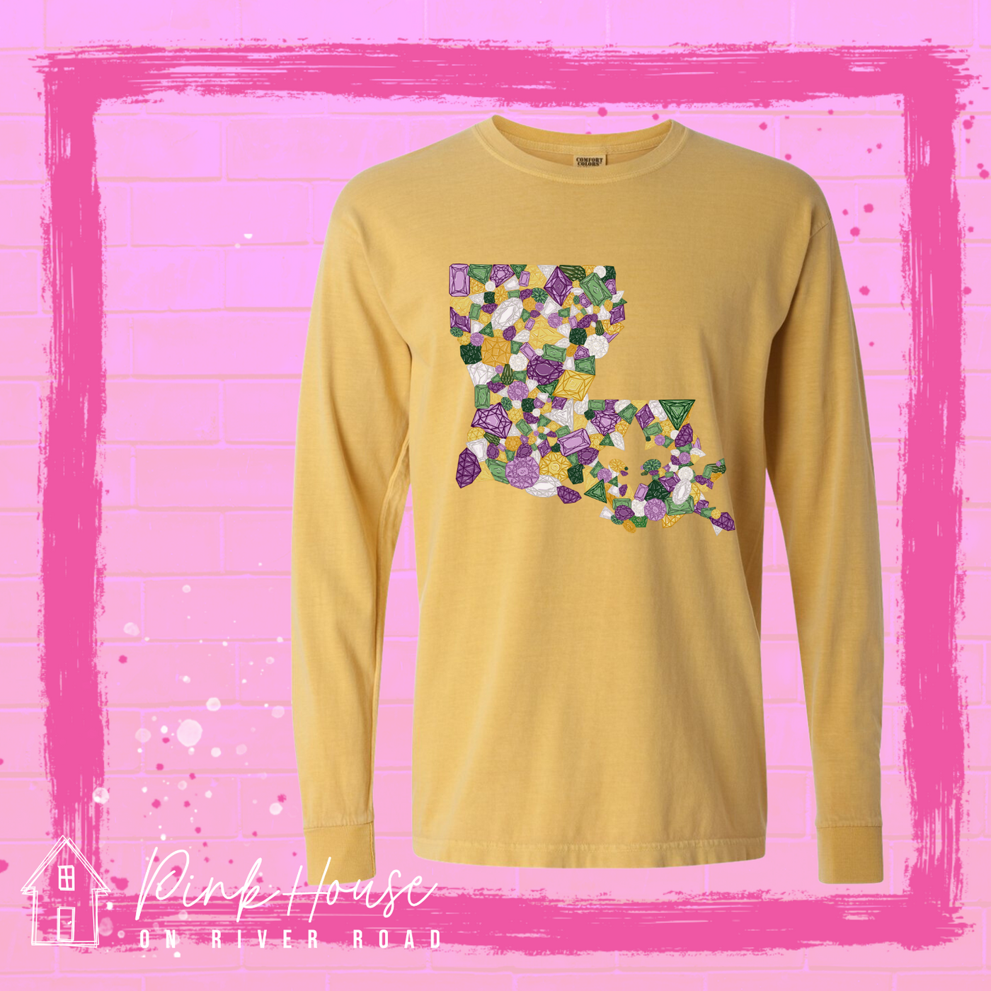 Long Sleeve yellow tee with a graphic of the state of Louisiana compromised of different shapes and sizes of purple, green, yellow and clear jewels.