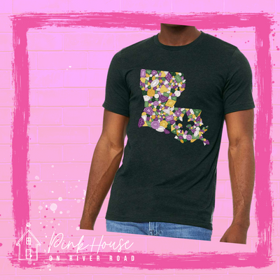 Black tee with a graphic of the state of Louisiana compromised of different shapes and sizes of purple, green, yellow and clear jewels.