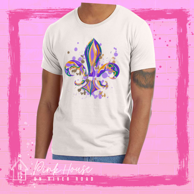 Dust tee with a Fleur de Lis made up of layered green, yellow, and purple with green, yellow and purple colored splatters.
