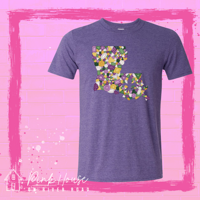 Heathered purple tee with a graphic of the state of Louisiana compromised of different shapes and sizes of purple, green, yellow and clear jewels.