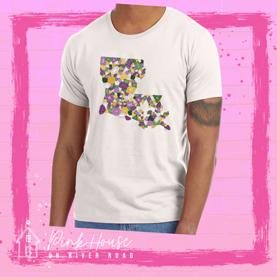 Ash tee with a graphic of the state of Louisiana compromised of different shapes and sizes of purple, green, yellow and clear jewels.