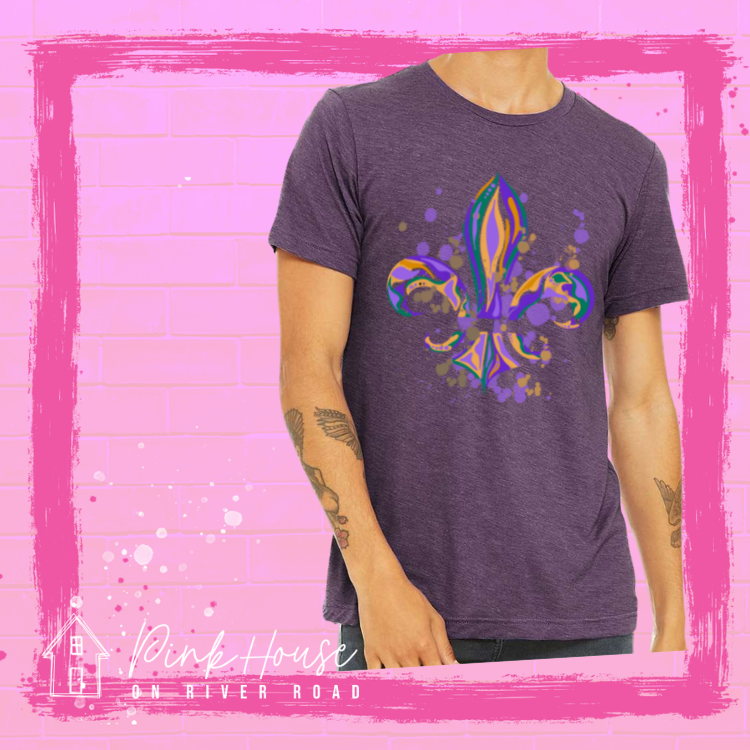 Heathered Purple tee with a Fleur de Lis made up of layered green, yellow, and purple with green, yellow and purple colored splatters.