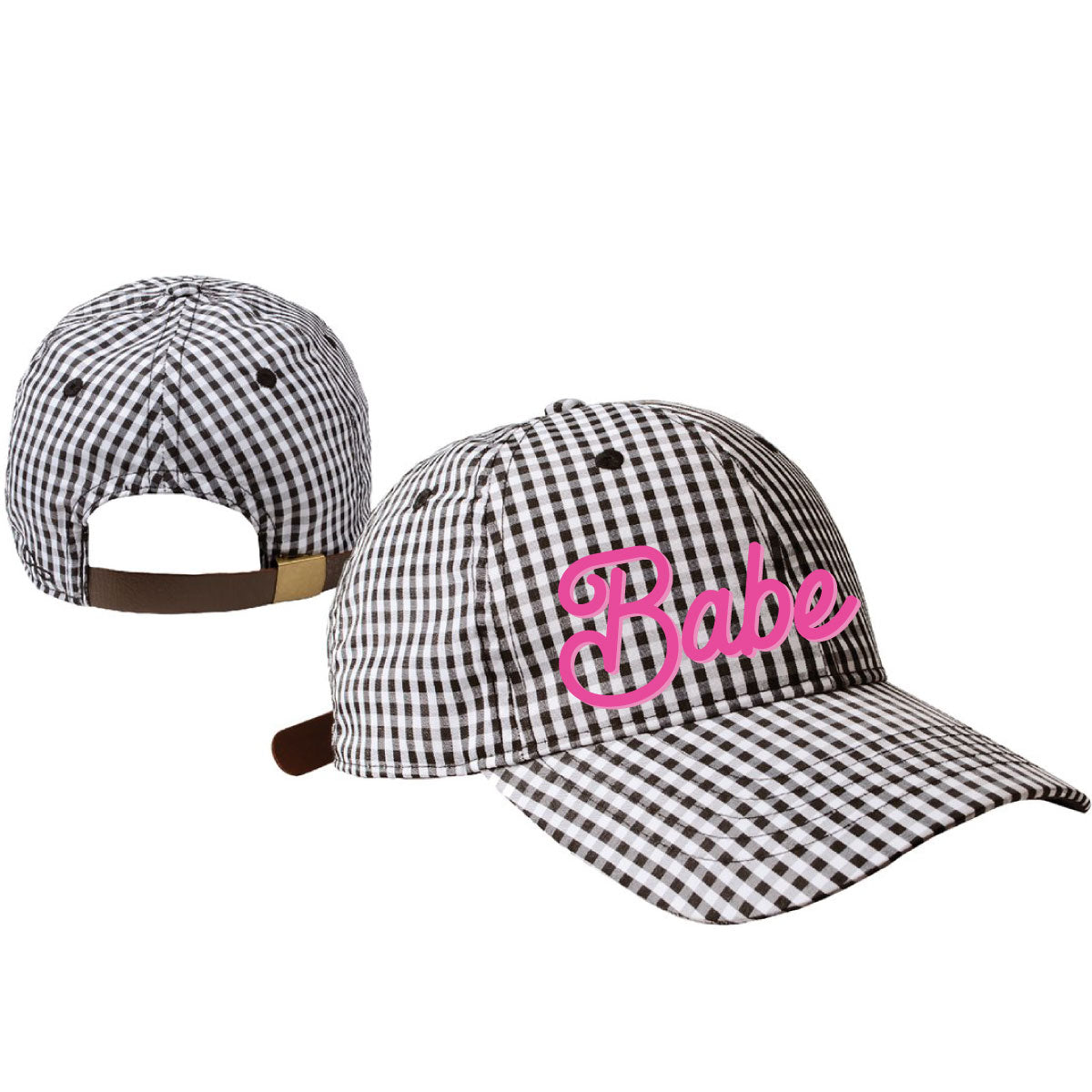 a black and white gingham cap with the word babe in barbie pink cursive