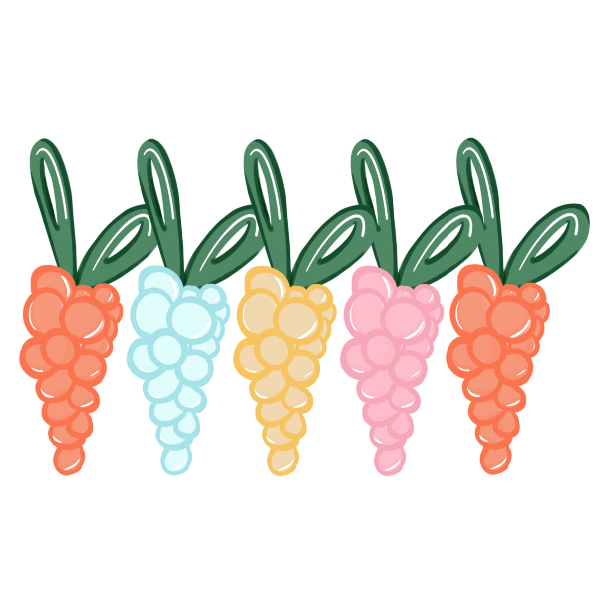 five different colored balloon carrots