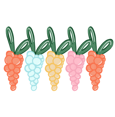 A graphic of 5 different colored balloon carrots 