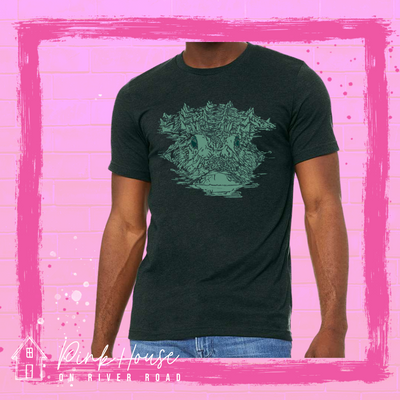 Dark Forest Green Tee with teal graphic of an alligator swimming through water.