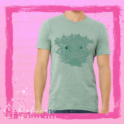 Heather Dusty blue tee with Teal graphic of an alligator swimming through water.