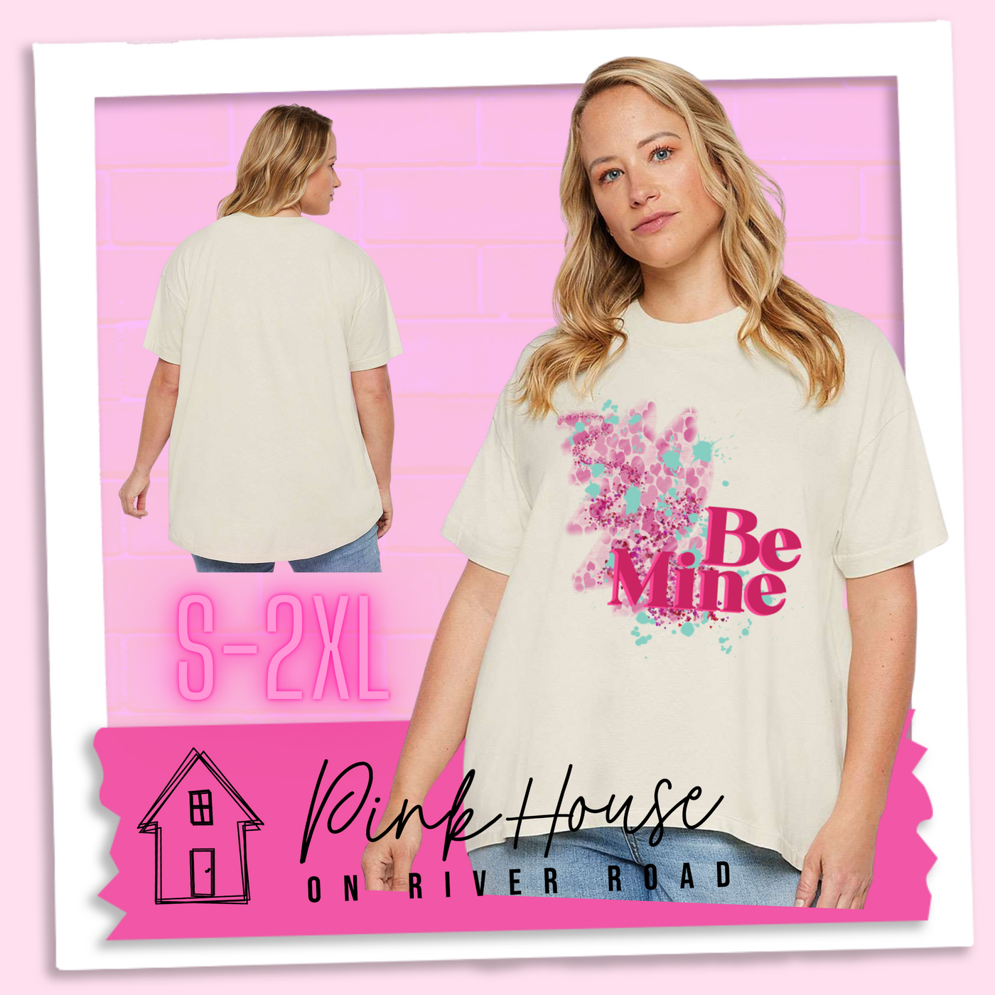 Blonde woman in a Cream Oversize HiLo Tee with a squiggle design made of pink hearts and pink sparkles with light teal splatters and pink text at the end of the art that says Be Mine with a hot pink shadow.