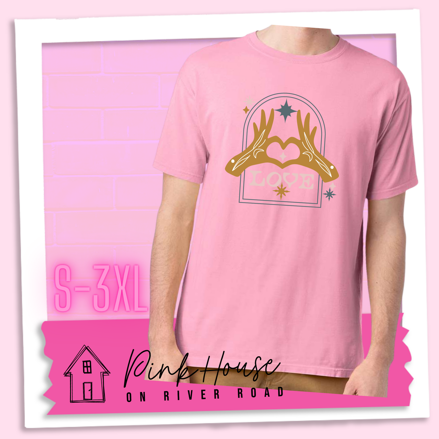 Cotton Candy tee with a graphic. Graphic is of two tattooed hands making a heart in front of an archway with stars and the word Love in the archway.
