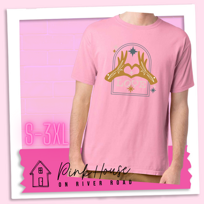 Cotton Candy tee with a graphic. Graphic is of two tattooed hands making a heart in front of an archway with stars and the word Love in the archway.