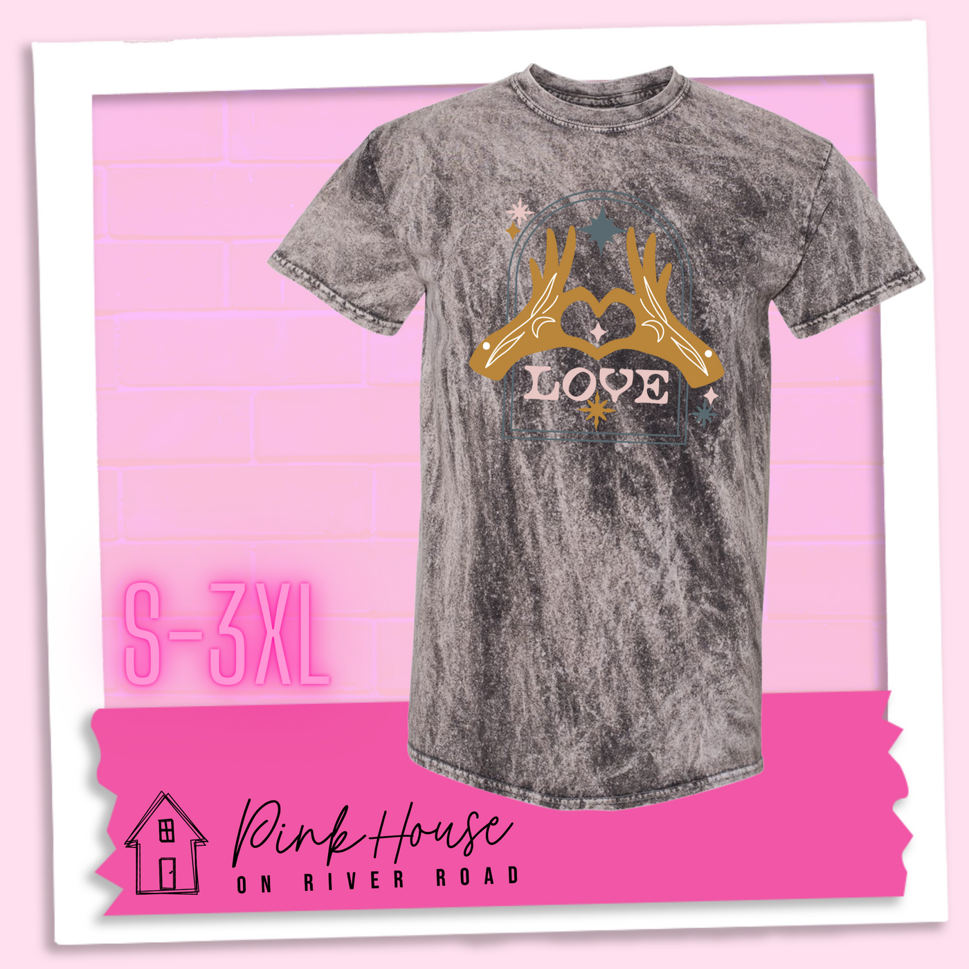 Charcoal Mineral Wash tee with a graphic. Graphic is of two tattooed hands making a heart in front of an archway with stars and the word Love in the archway.