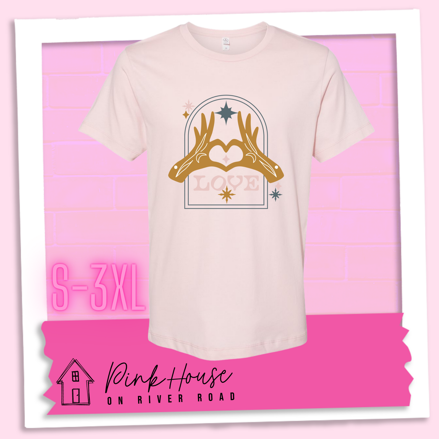 Faded Pink Jersey tee with a graphic. Graphic is of two tattooed hands making a heart in front of an archway with stars and the word Love in the archway.