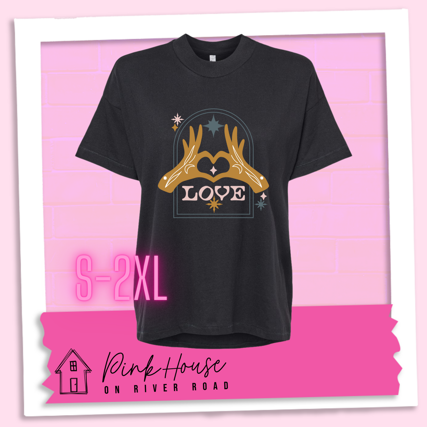 Black oversized HiLo Shirt with a graphic. Graphic is of two tattooed hands making a heart in front of an archway with stars and the word Love in the archway.