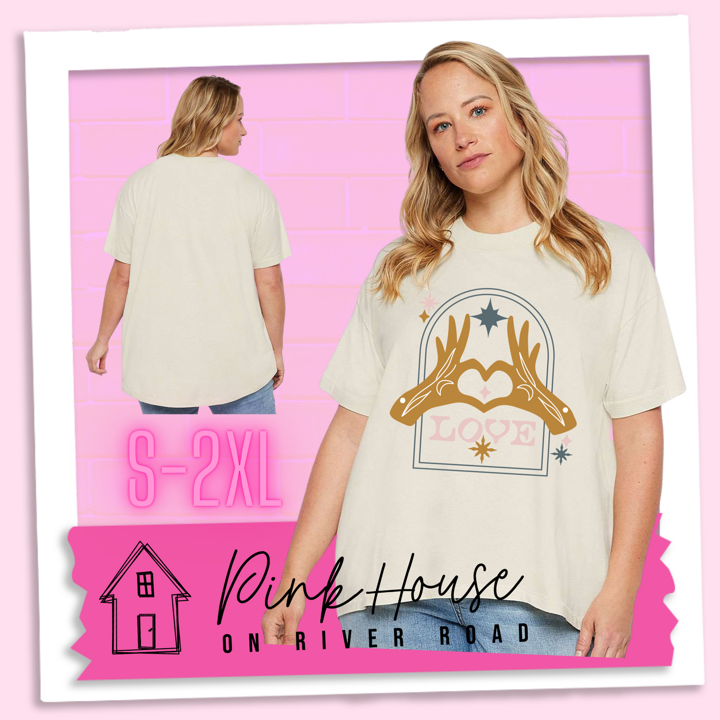Blonde model wearing a Cream oversized HiLo Shirt with a graphic. Graphic is of two tattooed hands making a heart in front of an archway with stars and the word Love in the archway.