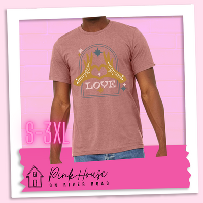 Heather Mauve tee with a graphic. Graphic is of two tattooed hands making a heart in front of an archway with stars and the word Love in the archway.
