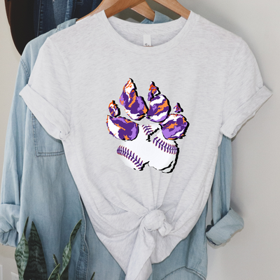 Ash Tee. Graphic of a paw print, the pad of the paw is baseball with purple lacing the toes are Clemson Purple and Orange print