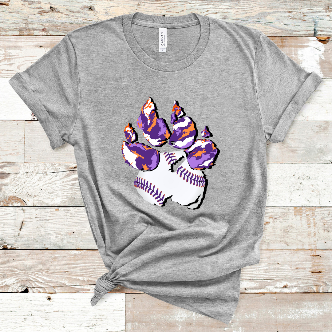 Athletic Grey Tee. Graphic of a paw print, the pad of the paw is baseball with purple lacing the toes are Clemson Purple and Orange print