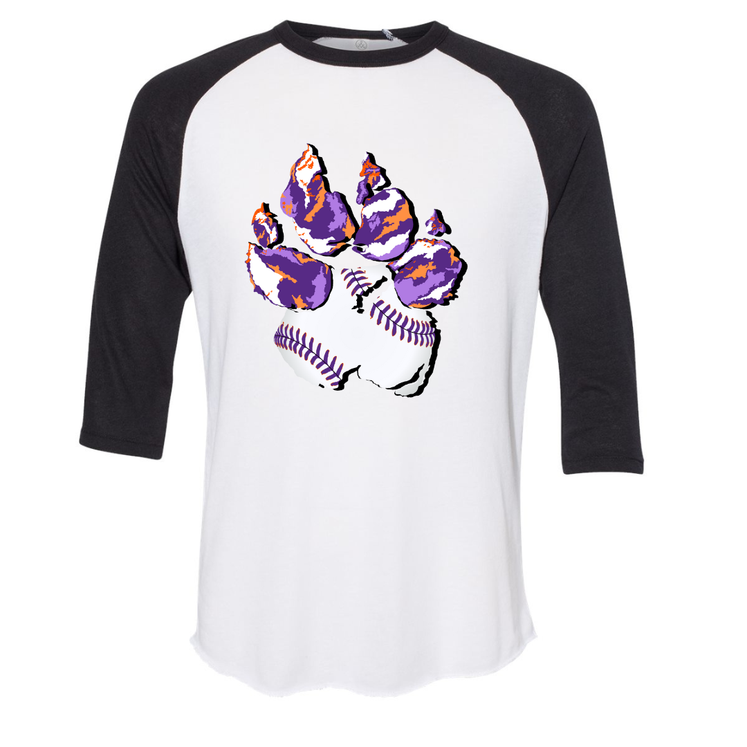 Black & White Raglan. Graphic of a paw print, the pad of the paw is baseball with purple lacing the toes are Clemson Purple and Orange print