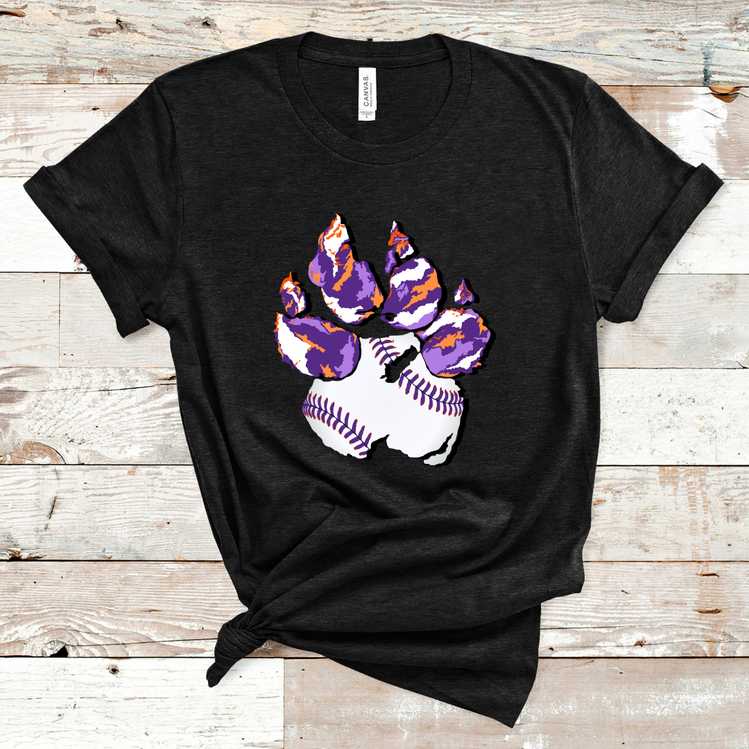 Heather Black Tee. Graphic of a paw print, the pad of the paw is baseball with purple lacing the toes are Clemson Purple and Orange print