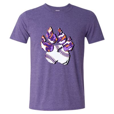 Heather Purple. Graphic of a paw print, the pad of the paw is baseball with purple lacing the toes are Clemson Purple and Orange print