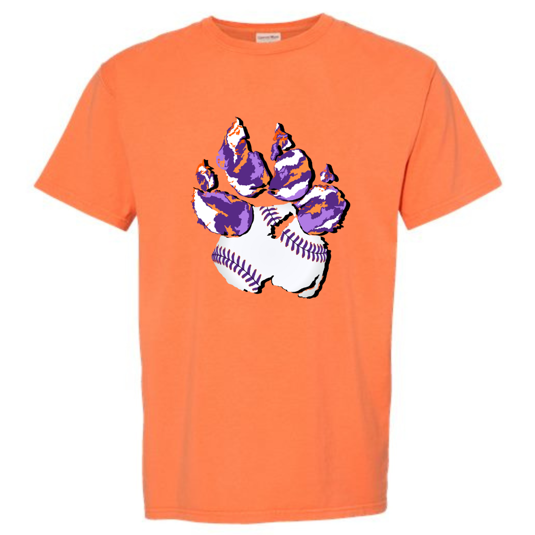 Horizon Orange Tee. Graphic of a paw print, the pad of the paw is baseball with purple lacing the toes are Clemson Purple and Orange print