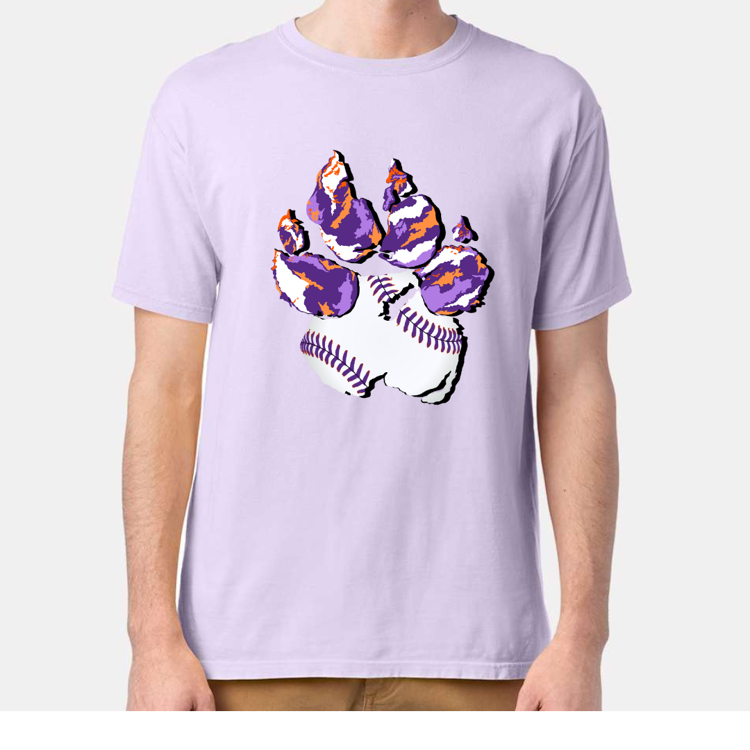 Lavender Tee. Graphic of a paw print, the pad of the paw is baseball with purple lacing the toes are Clemson Purple and Orange print