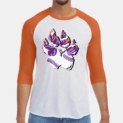Orange & white raglan. Graphic of a paw print, the pad of the paw is baseball with purple lacing the toes are Clemson Purple and Orange print