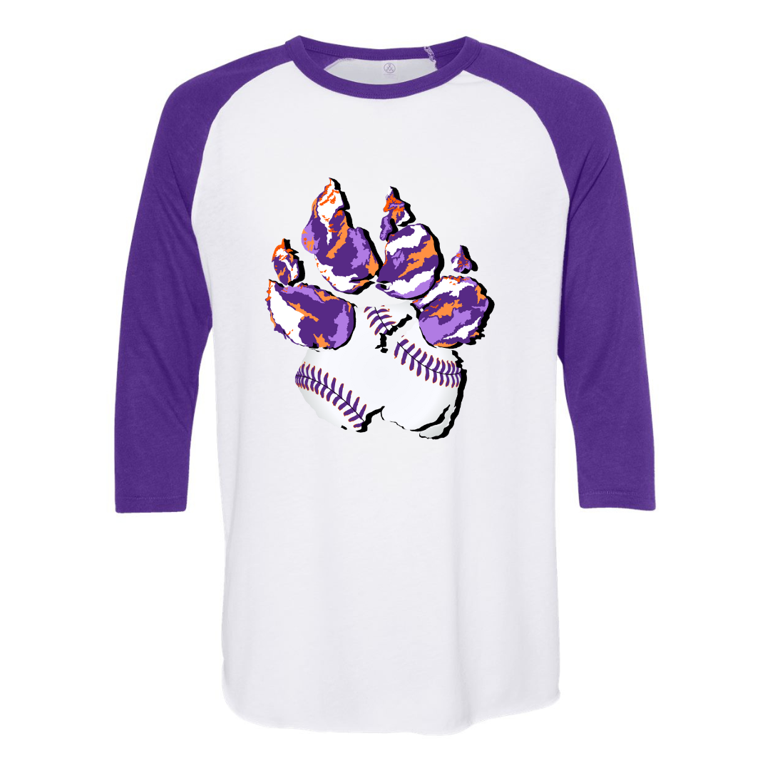Purple & White raglan. Graphic of a paw print, the pad of the paw is baseball with purple lacing the toes are Clemson Purple and Orange print