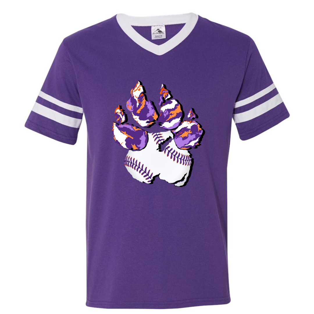 Purple Varsity V-neck with White accents. Graphic of a paw print, the pad of the paw is baseball with purple lacing the toes are Clemson Purple and Orange print 