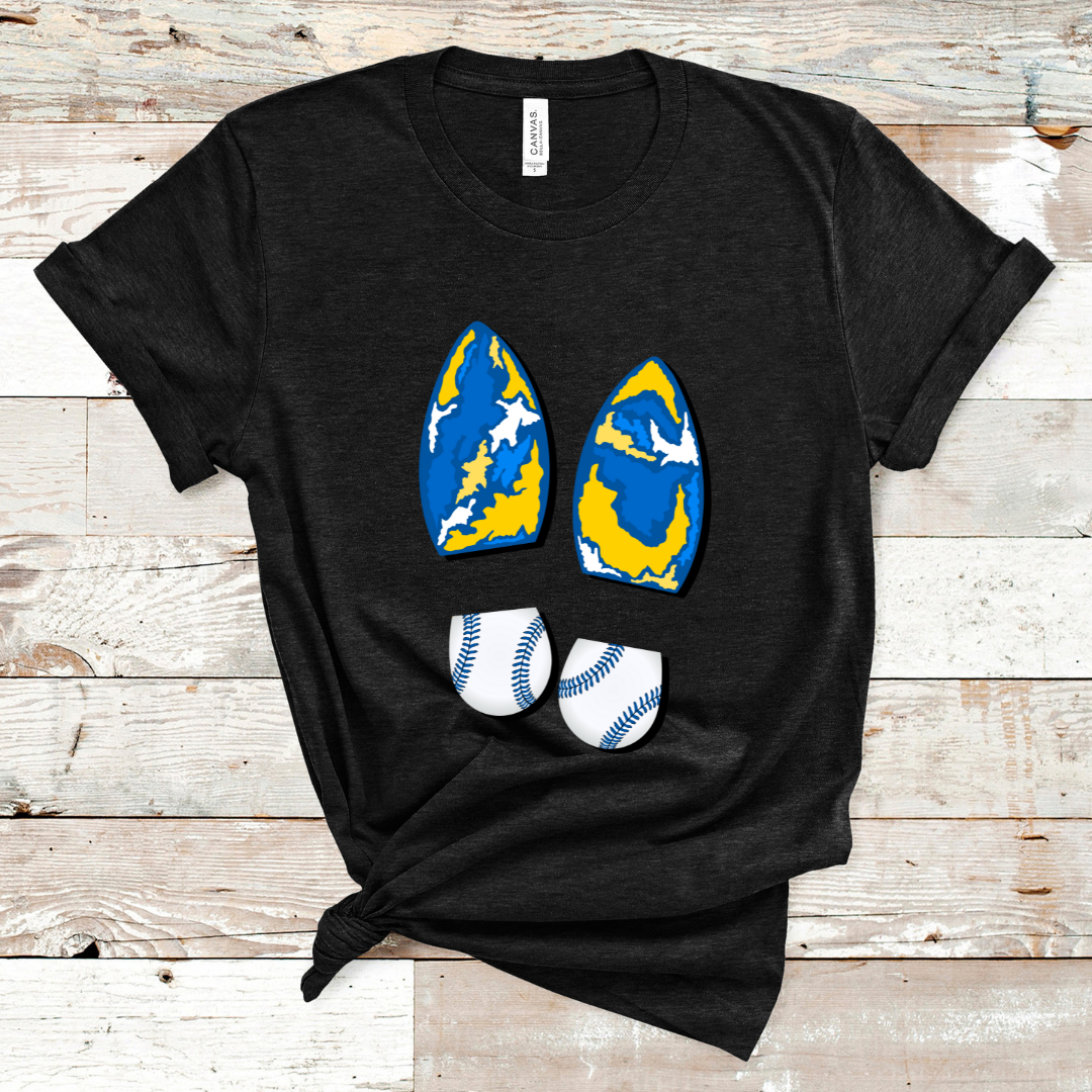 Heather Black. Graphic is a pair of boot prints, The heel is a baseball print with blue stitching the sole is a abstract Royal, white, and yellow print.