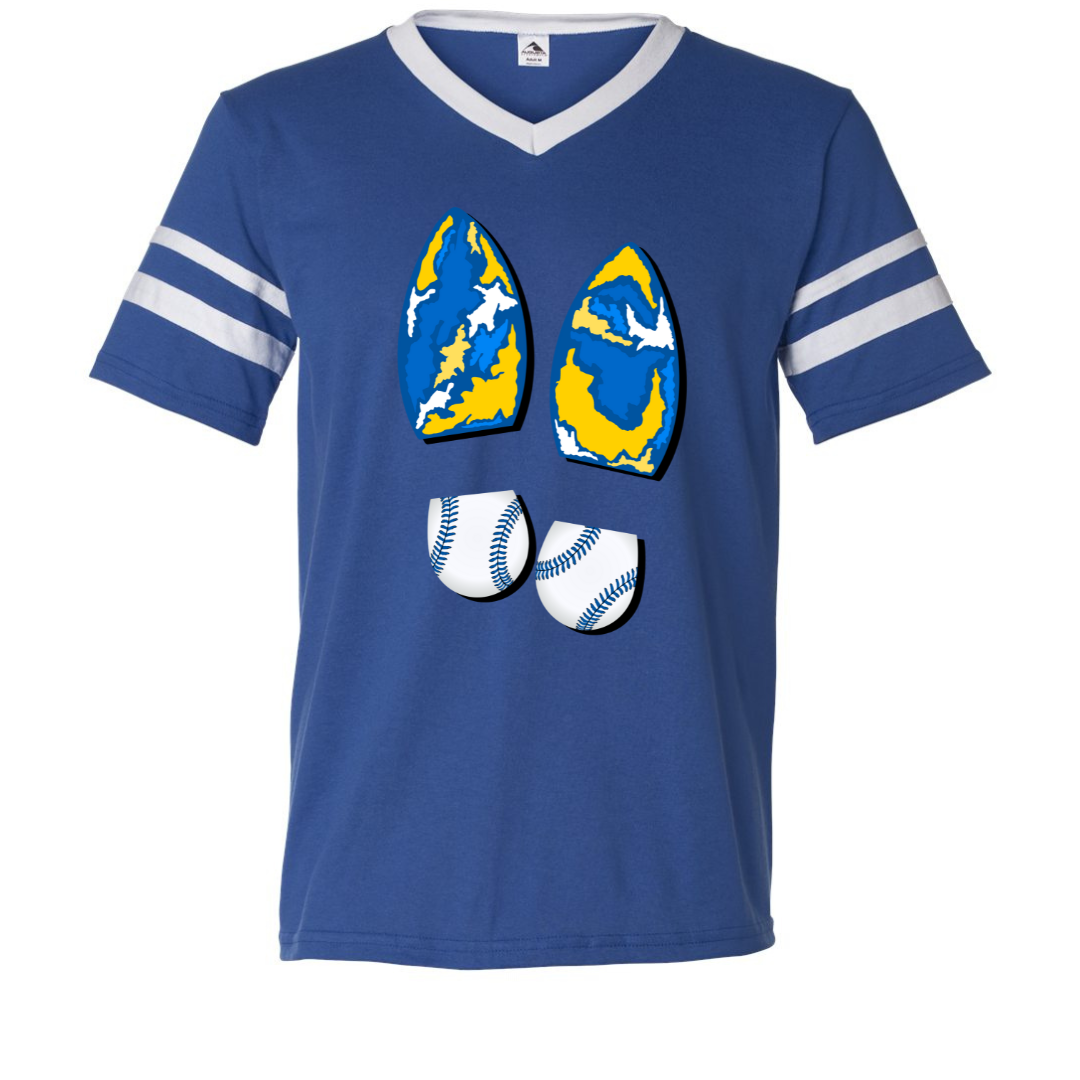 Royal Blue & White Varsity V Neck. Graphic is a pair of boot prints, The heel is a baseball print with blue stitching the sole is a abstract Royal, white, and yellow print.