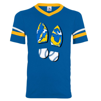 Royal Blue & Gold Varsity V-Neck. Graphic is a pair of boot prints, The heel is a baseball print with blue stitching the sole is a abstract Royal, white, and yellow print.