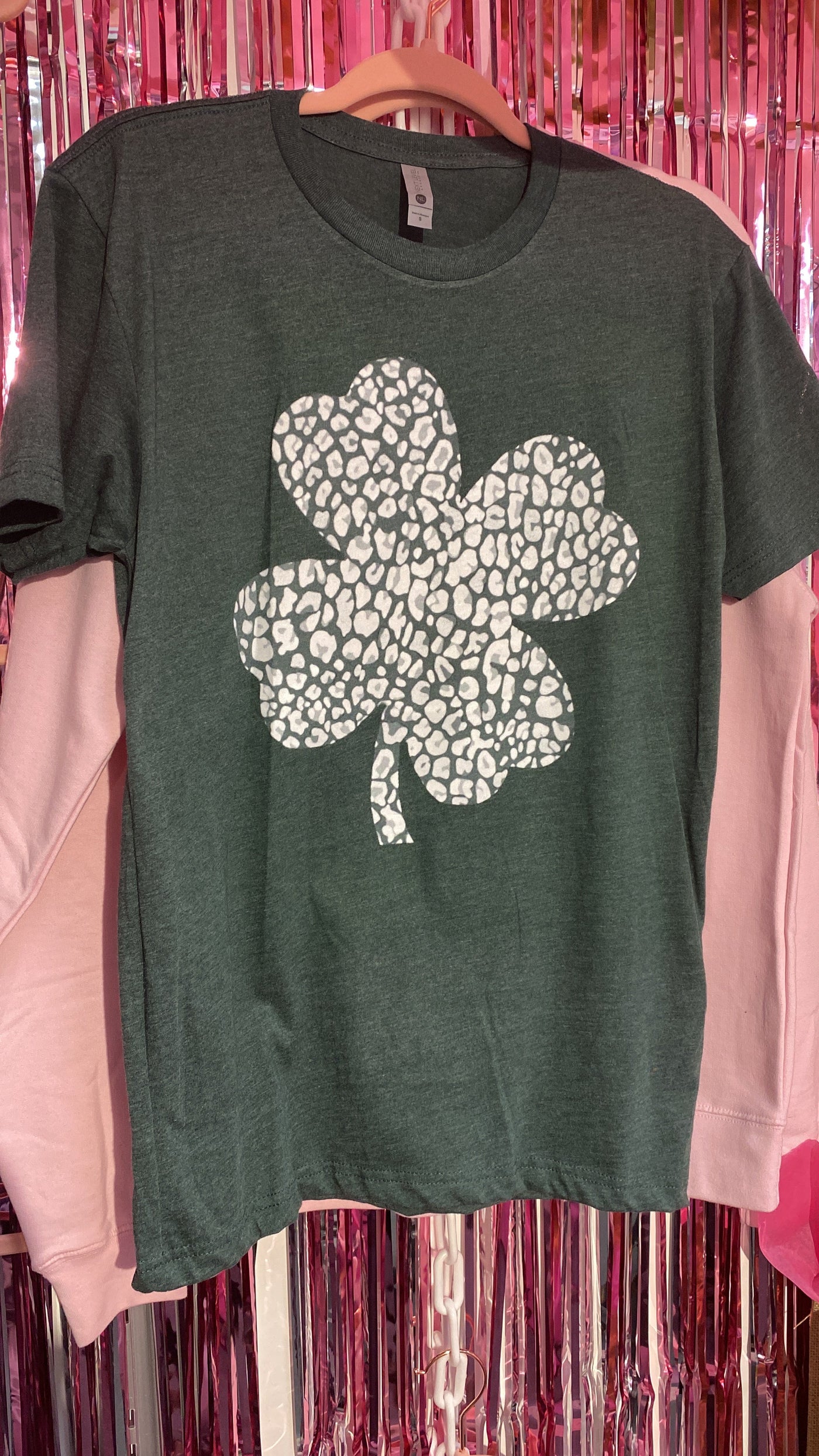 Black tee with a leopard print 4 leaf clover