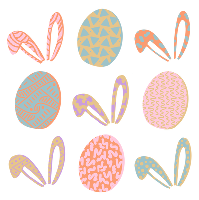 a tic tac toe of different colored and patterned easter eggs and bunny ears