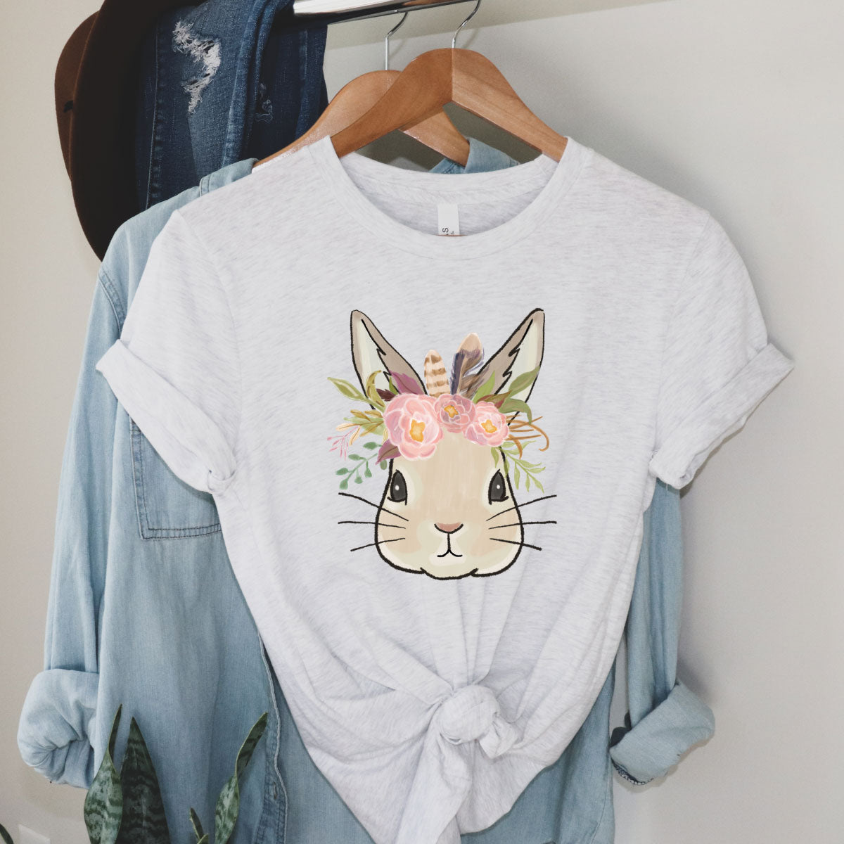 Ash tee with a graphic of a bunny wearing a flower crown 