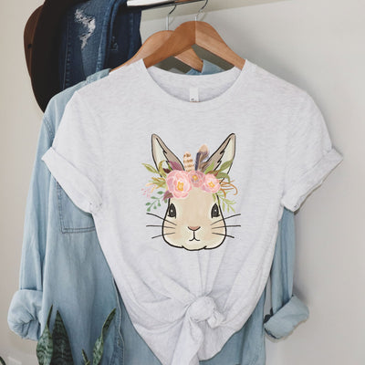 Ash tee with the graphic of a bunny wearing a flower crown