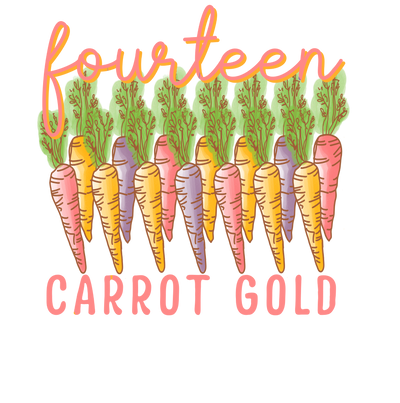  a graphic with fourteen different colored carrots and a the words fourteen carrot gold the word fourteen is above the carrots in a pink cursive with a yellow shadow and the words carrot gold are underneath the carrots