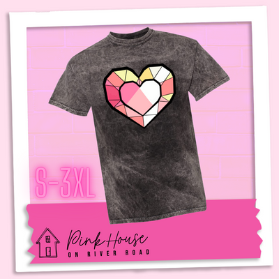 Black Mineral Wash graphic tee. the graphic is of a geometric heart, it has black outlines to make it look like a gem with different shades of pinks, yellows, and white.