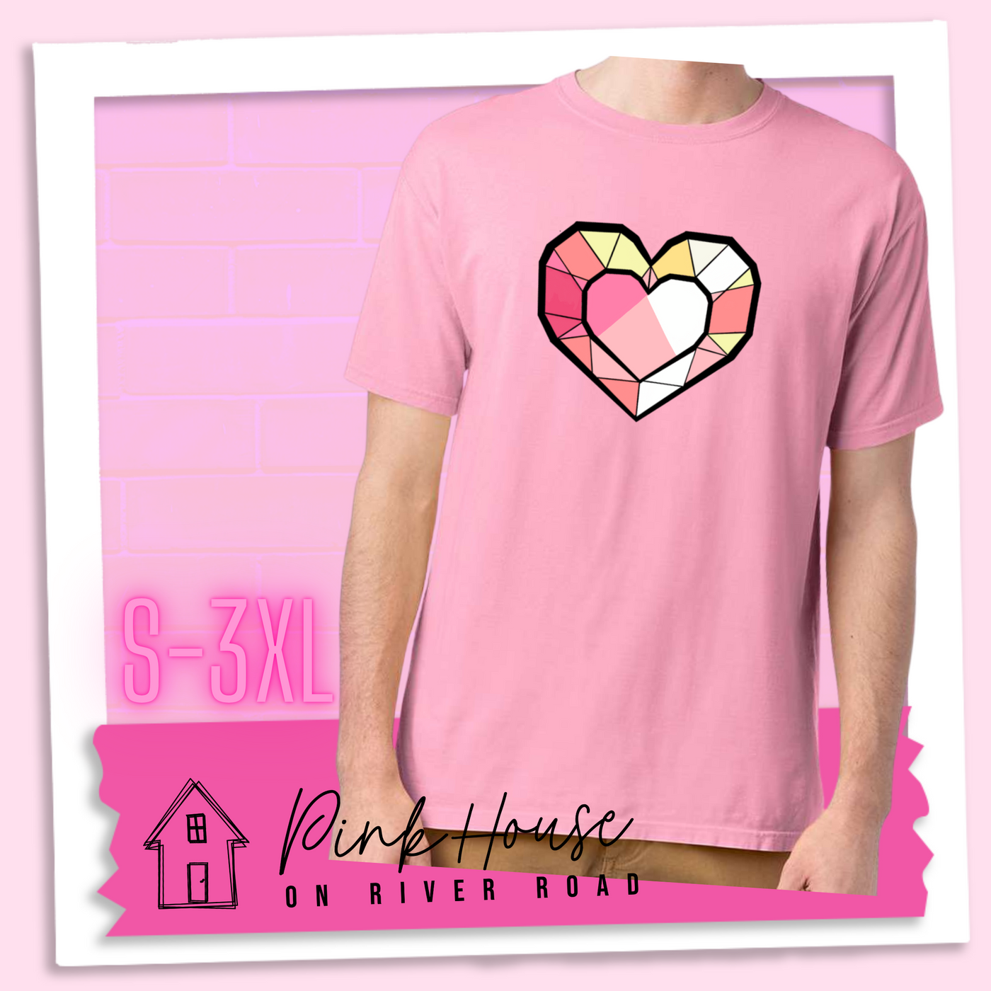 Cotton Candy Pink graphic tee. the graphic is of a geometric heart, it has black outlines to make it look like a gem with different shades of pinks, yellows, and white.