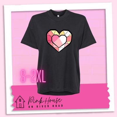 Oversized black HiLo graphic tee. the graphic is of ageometric heart, it has black outlines to make it look like a gem with different shades of pinks, yellows, and white.