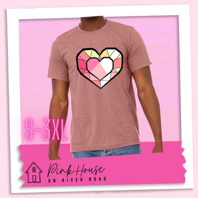 Heather Mauve graphic tee. the graphic is of a geometric heart, it has black outlines to make it look like a gem with different shades of pinks, yellows, and white.